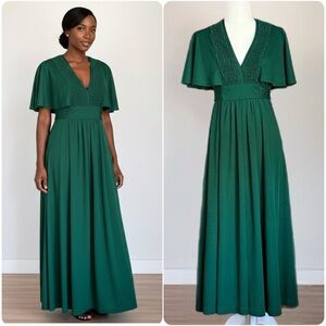 Jody T 70s Emerald Green Flutter Sleeve Empire Waist Pleated Maxi Dress Sz 10